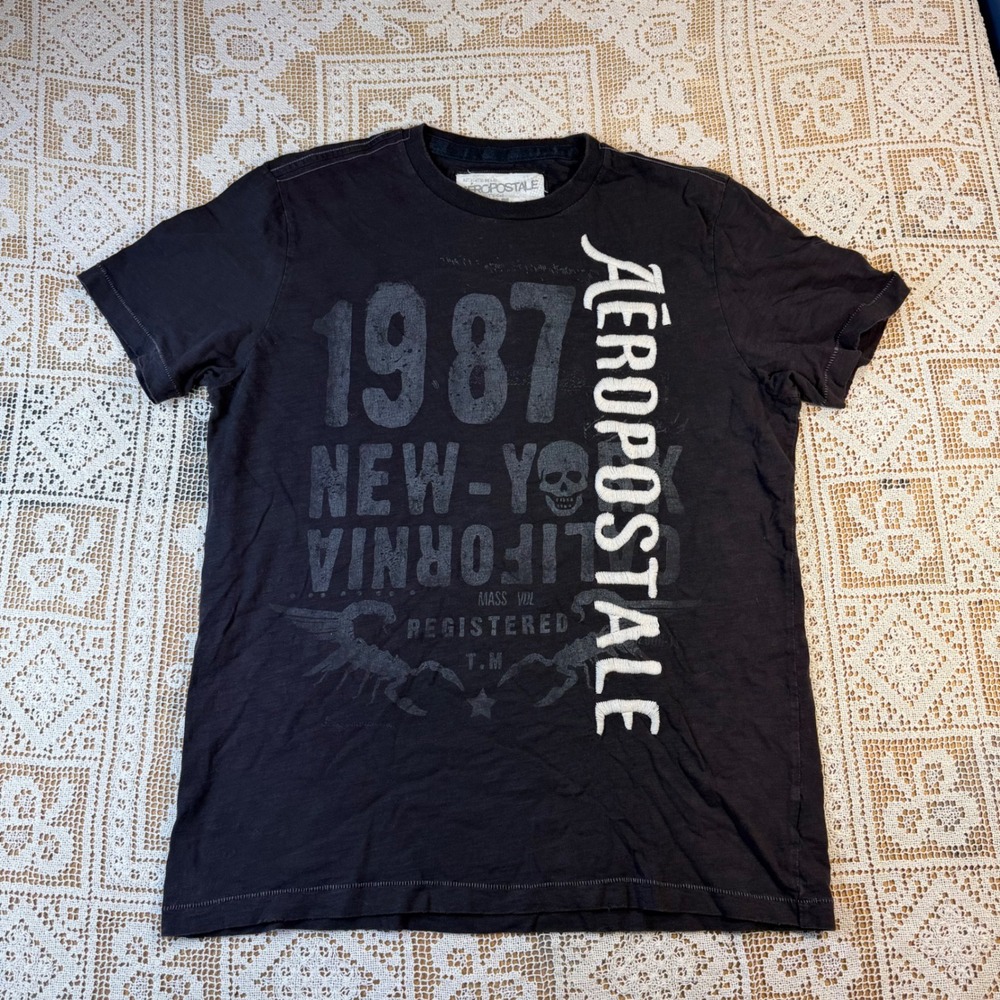 Aeropostale Mens Y2K Graphic T-Shirt Washed Black Distressed Skull Scorpion L